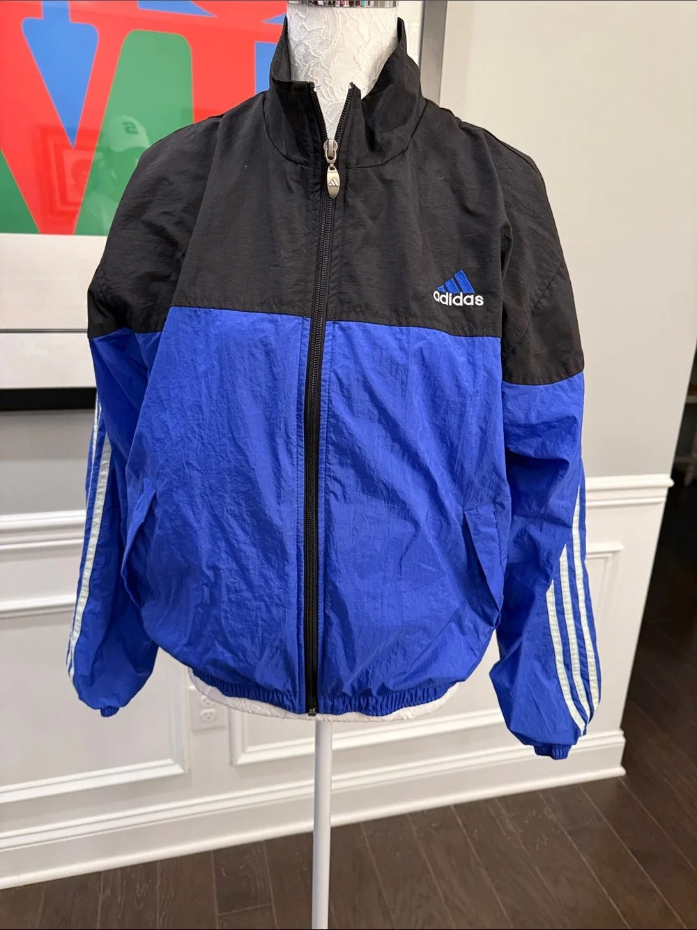 Vintage Adidas Windbreaker Jacket Small Blue Black Colorblock Track 90s